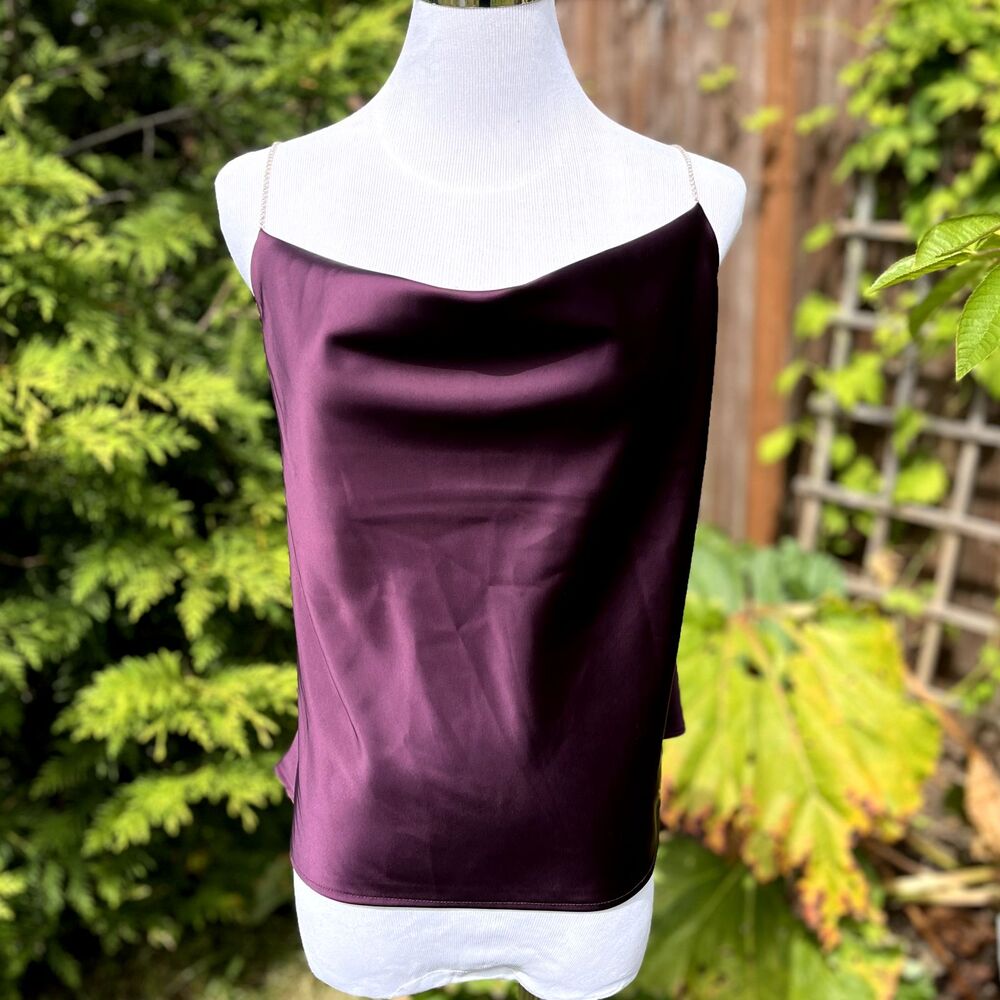 House of Harlow 1960 Cowl Neck Satin Rhinestone Straps Top Plum Purple Large